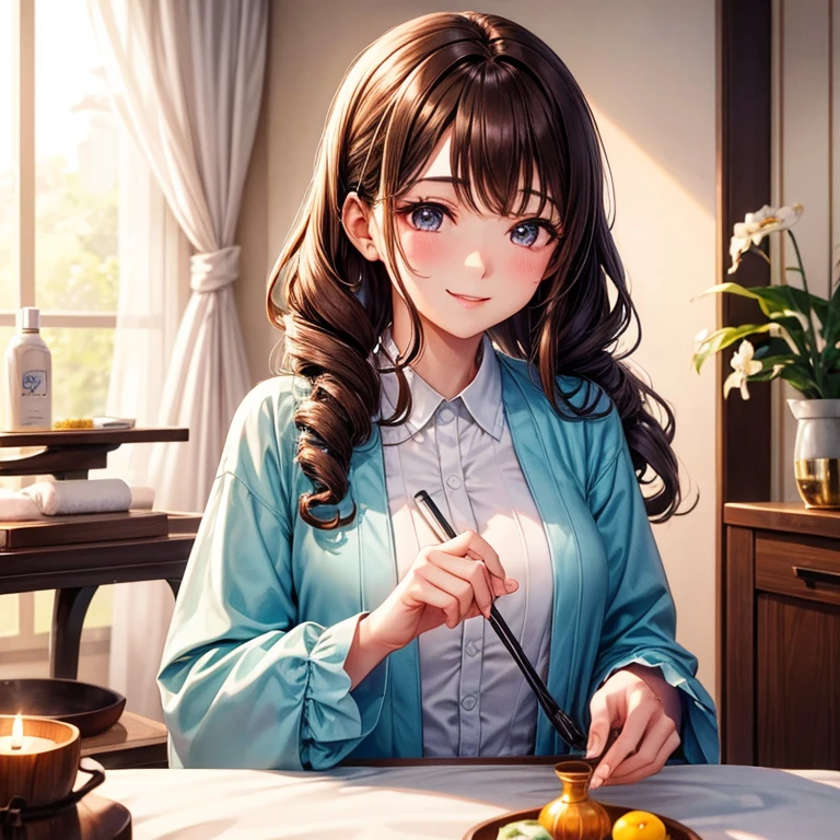 1girl in, Solo, luxury spa、Aromatherapy、aesthetician、long sleeved shirt、Treatment clothes、At the reception、Smile wickedly、Brown hair, Curly hair, poneyTail、a closeup、Highest quality image quality、8K、An ultra-high picture quality、