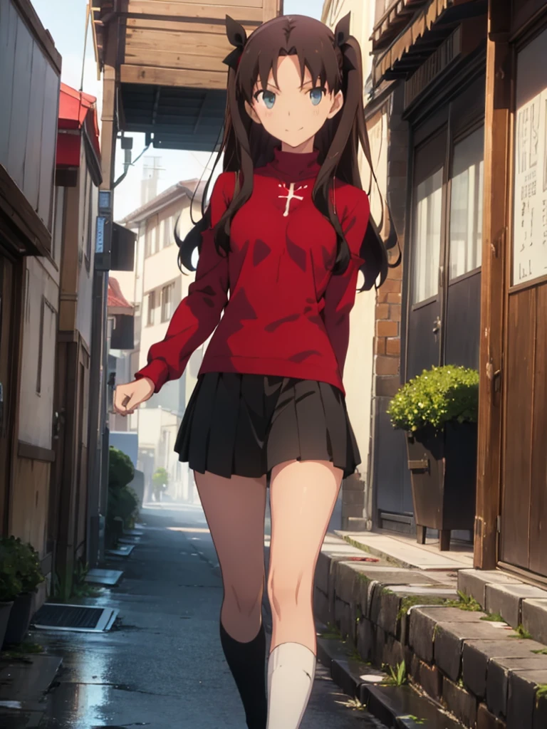 of the highest quality, (masutepiece: 1.2), High Definition, In the street, street scene, Night, Rin Tohsaka, 1girl in, Solo, Standing, From Side, Look at her, Smiling, Long hair, two side up, Brown hair, Blue eyes, Hair Ribbon, Red Turtleneck, Long sleeves, Pleated skirt, Black skirt, knee high,Tohsaka Rin