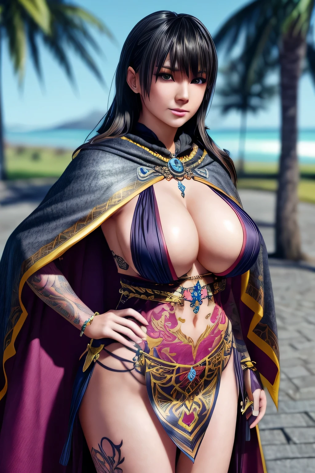 1个Giant Breast Girl,seven waves,gorgeous color, a skirt,Cloak,jewely,(fashionably_Tattooed with:1),(gigantic cleavage breasts),(tmasterpiece), Best quality at best,(of a real:1.4), Detailed pubic hair,8K,number art,Detailed pubic hair头发,Detailed pubic hair脸, depth of fields,