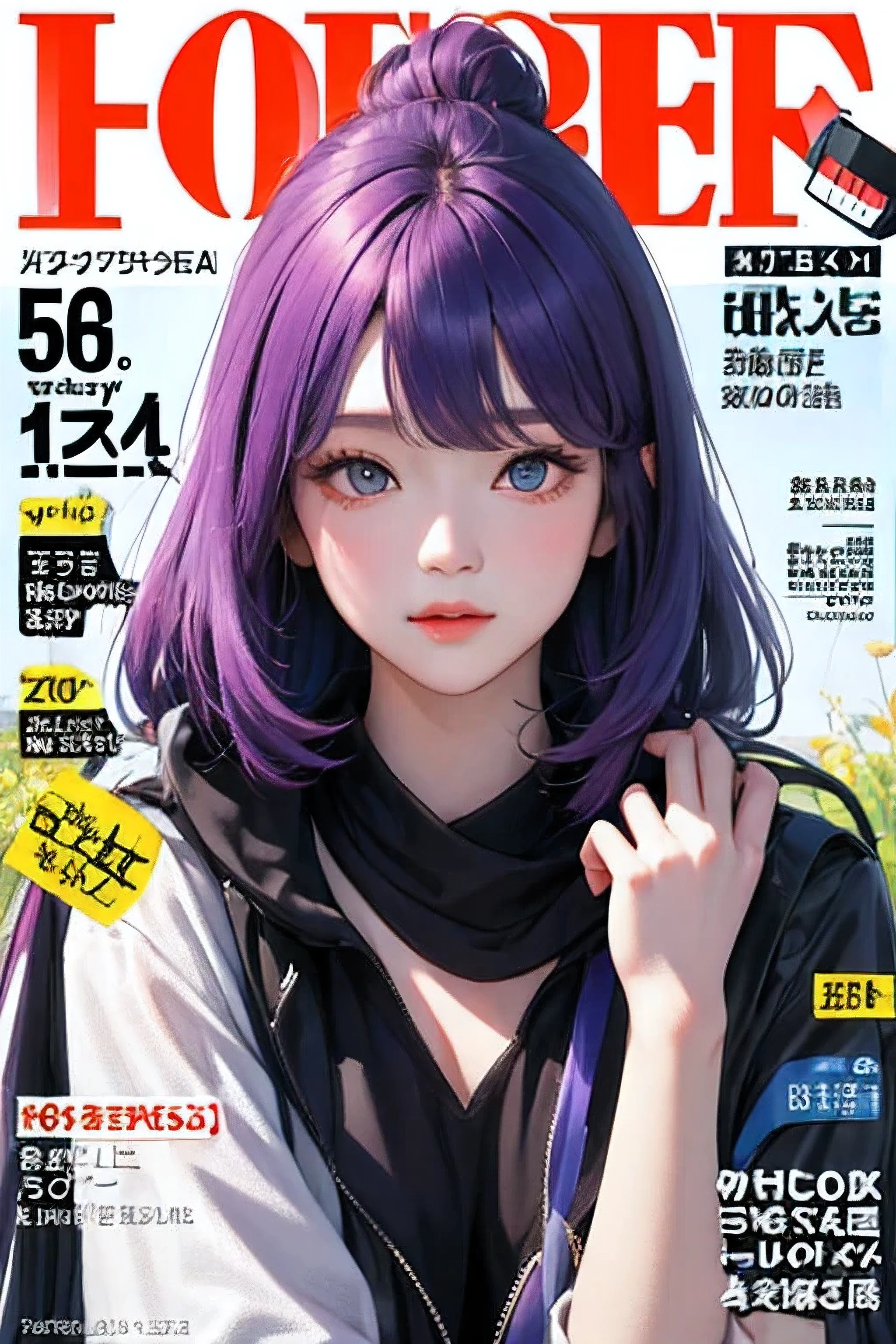 masterpiece, best quality, spring clothes, colored hair, outdoor, magazine cover, upper body, shopee