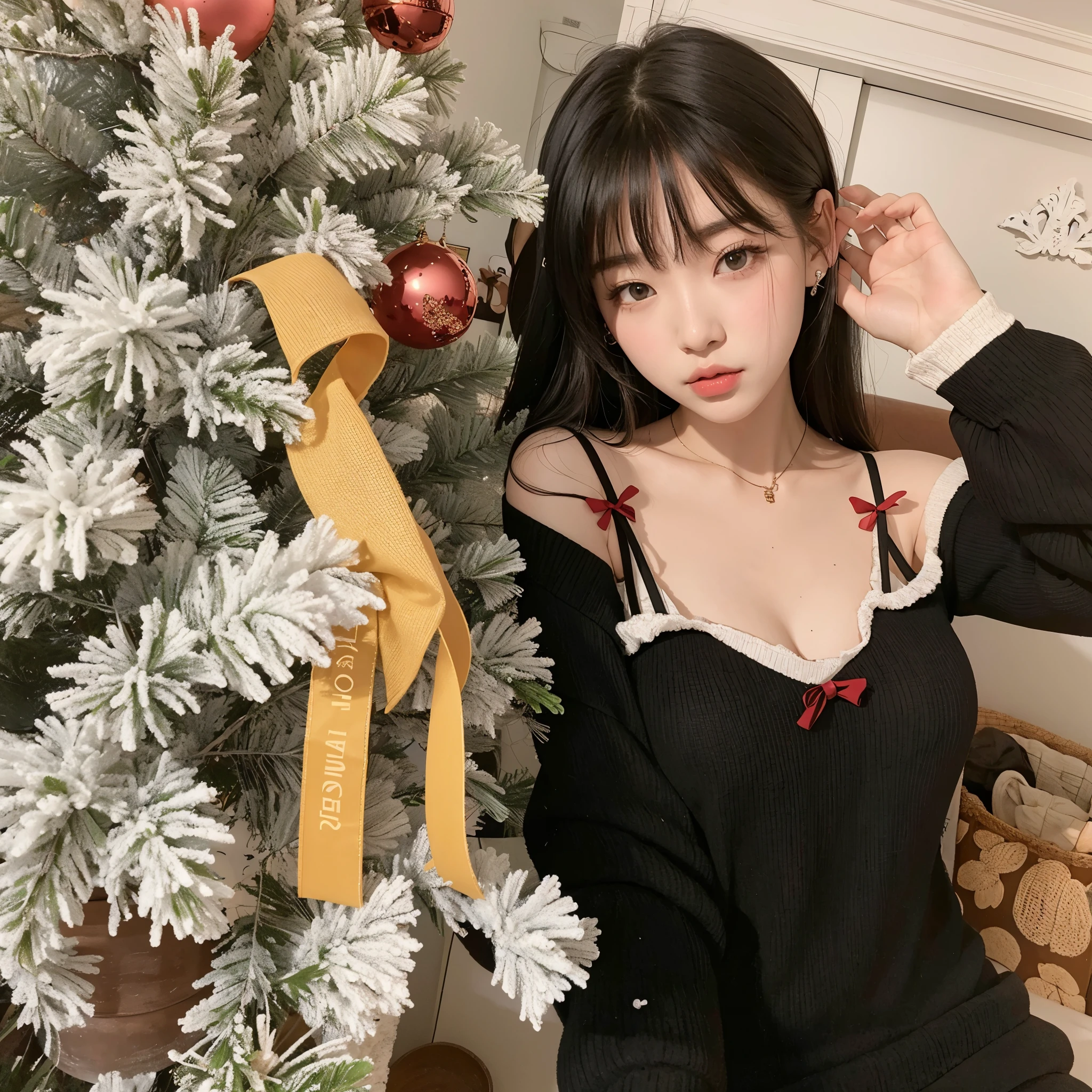 There is a woman posing in front of a Christmas tree, Ropa de pecho Open V, ulzzang, Chica joven y linda, cruel korean goth girl, Chica coreana, Tendencias en CGVeStation, Hermosa joven coreana, 8k)), Hermosa mujer surcoreana, Furthermore, encantador y lindo, weaFurthermoreg black camisole outfit