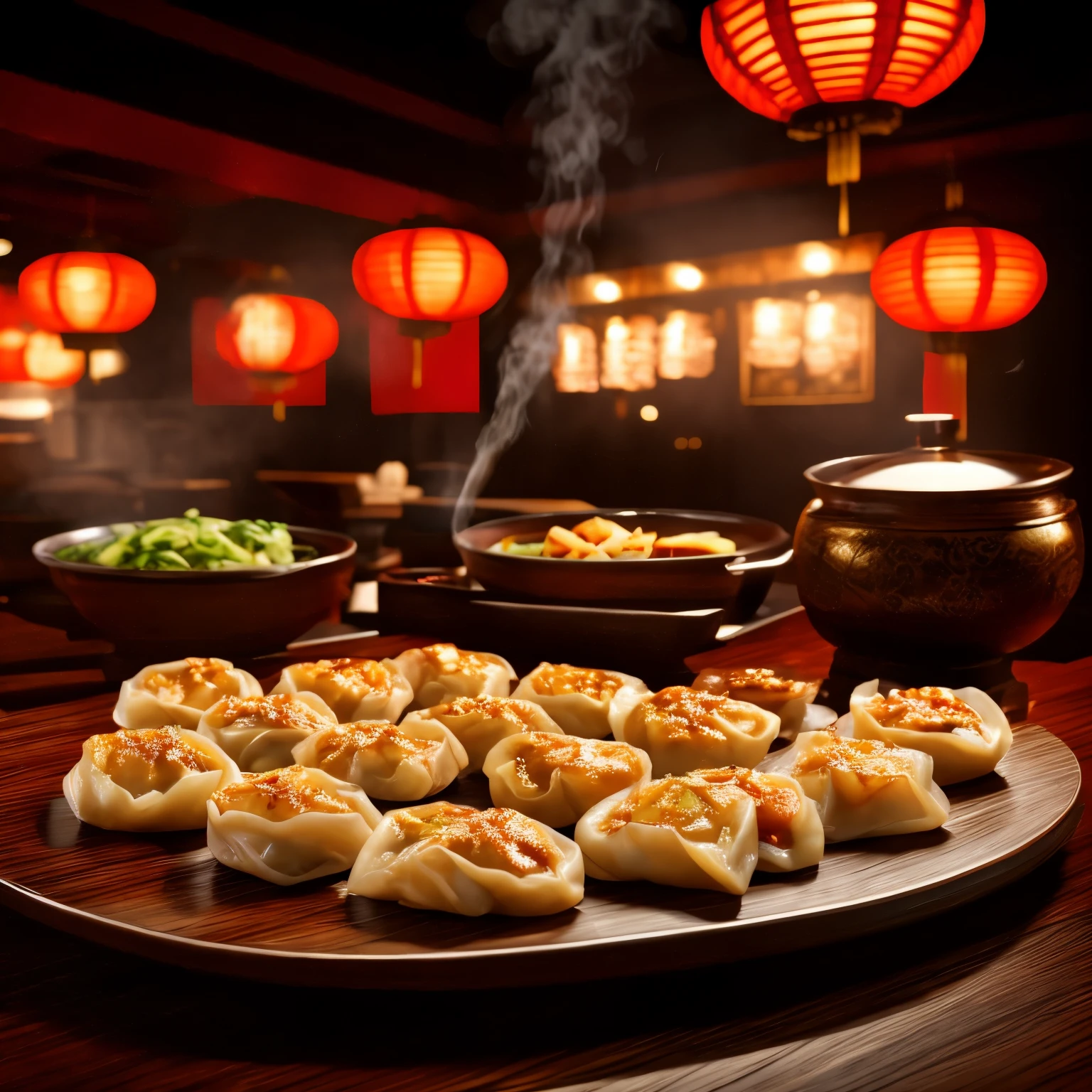 super high quality, 8k, RAW photo, realistic, gyoza, steam, Chinese restaurant, professional lighting