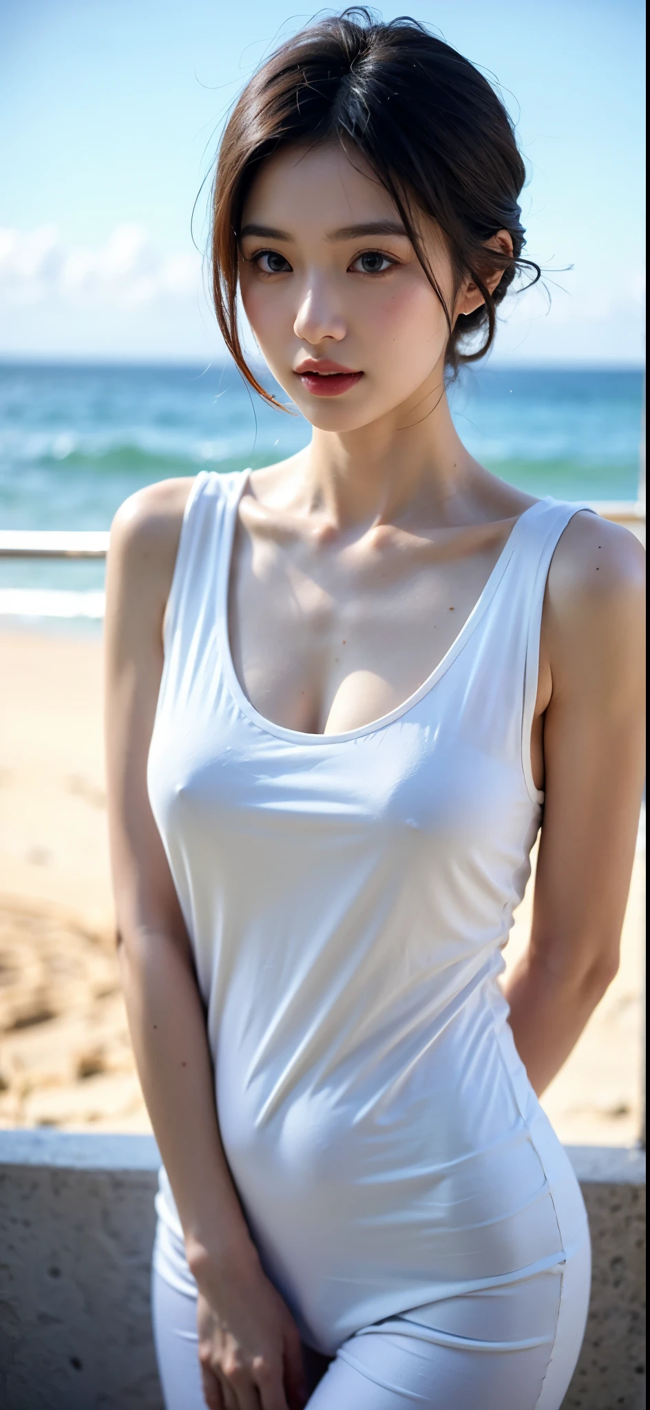 the most beautiful woman there ,Show off your figure,The most realistic,Pull your upper body closer,short detailed hair,Sunlight shines,sea beach