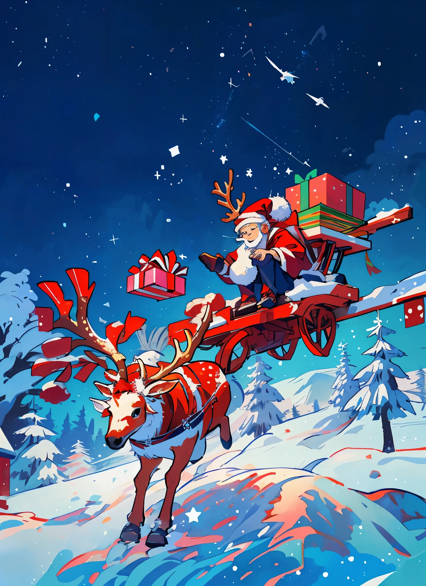 santa驾着他的雪橇在天空中飞翔, Lots of gifts,elk，  santa, loading screen, Official artwork, splash screen art, Illustration style, super high image quality