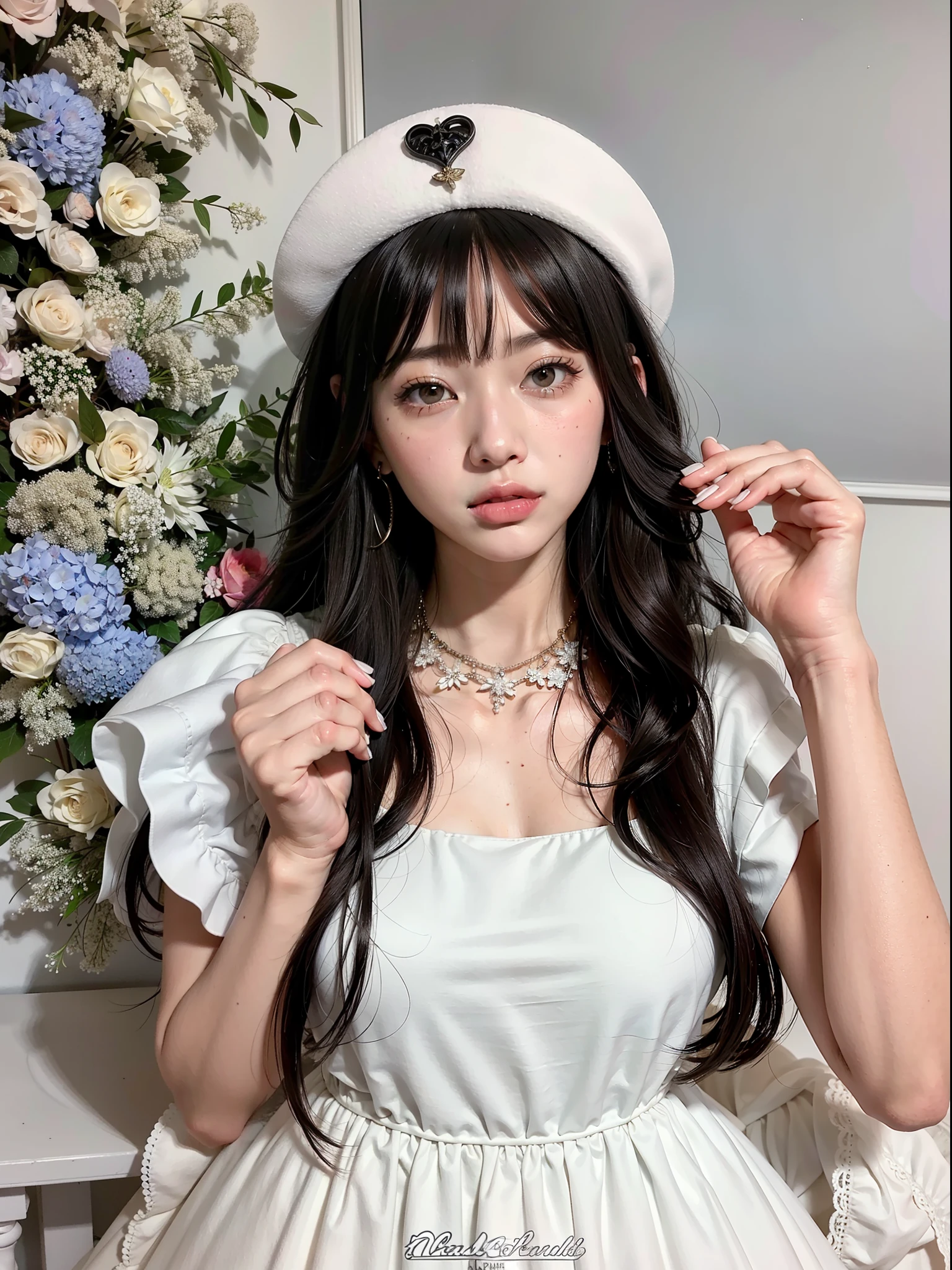 Chica araffe con un vestido blanco y un sombrero blanco., ulzzang, Peinado blanco de corte hime, long hair con flequillo completo, long hair con flequillo, Cabello largo y blanco y flequillo, flequillo esponjoso, neat hair con flequillo, flequillo blanco, con flequillo, Asian girl with long hair, cabello whitebangs cabello, con flequillo completo, Lalisa Manobal