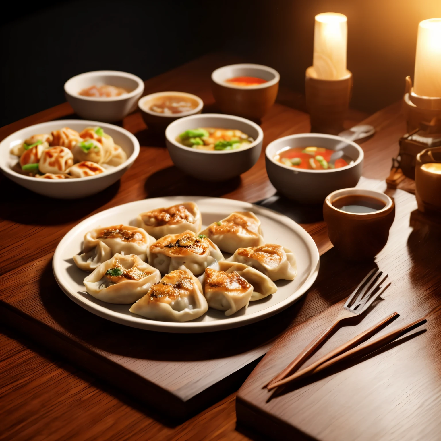 super high quality, 8k, RAW photo, realistic, gyoza, steam, dish, table, Chinese restaurant, professional lighting