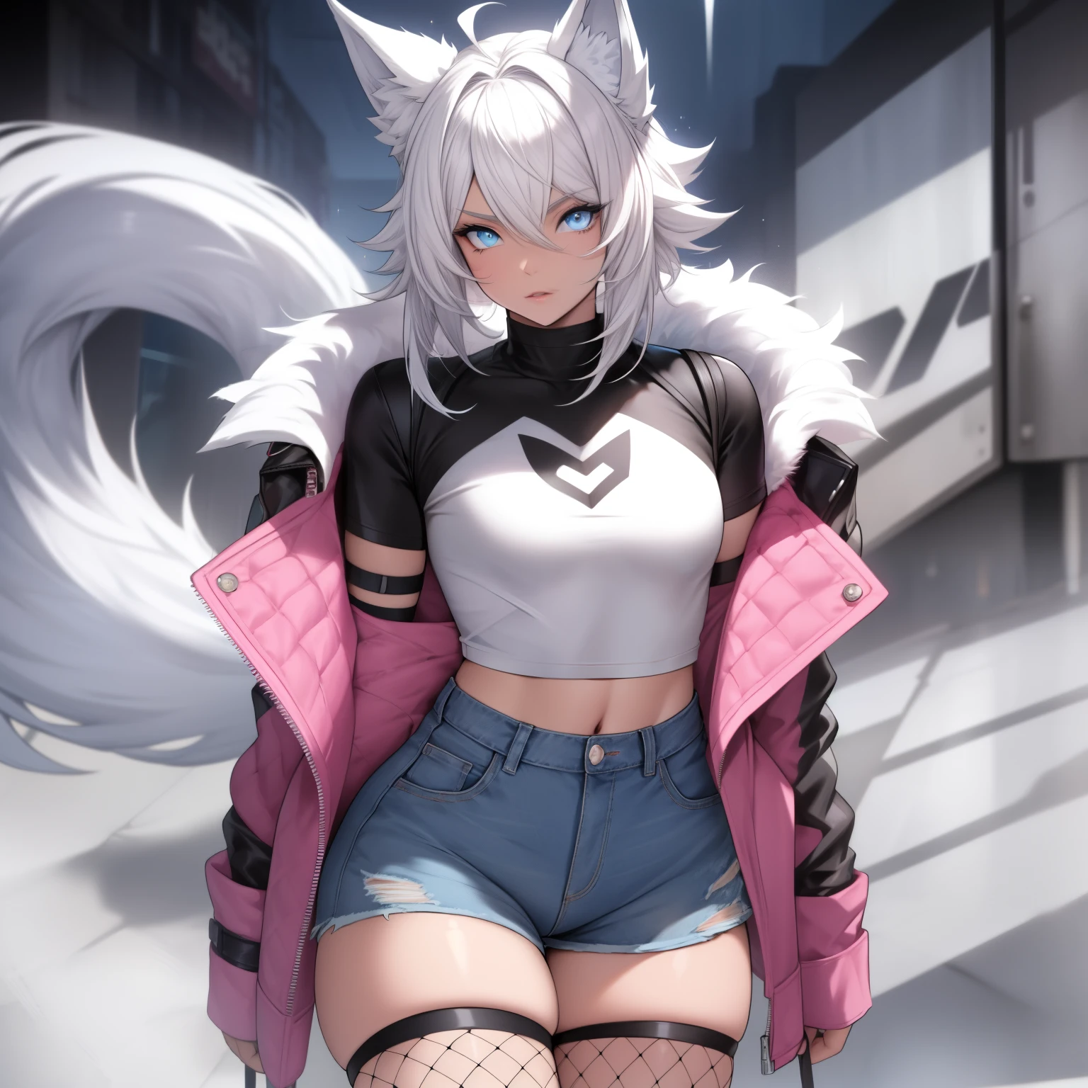Single boy, Anime Femboy, Short, Long white hair, wolf ears, wolf tail, blue eyes, wearing short denim shorts, thigh high fishnets, black combat boots, wearing fur lined open pink jacket, flat chest, super flat chest, wearing cropped t-shirt, solo femboy, only one femboy ((FLAT CHEST)) solo, alone, (SOLO)(ALONE) thicc thighs, wide hips, blue eyes, perfect eyes, perfect face, pouty lips, happy, curvy, sparkly blue eyes