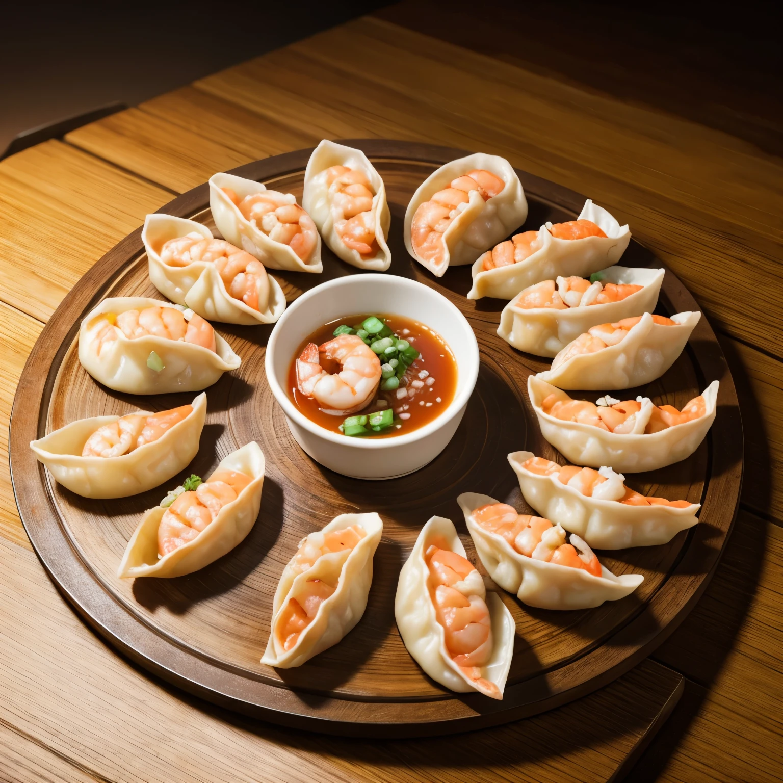super high quality, 8k, RAW photo, realistic, steamed shrimp gyoza on a round table, professional lighting