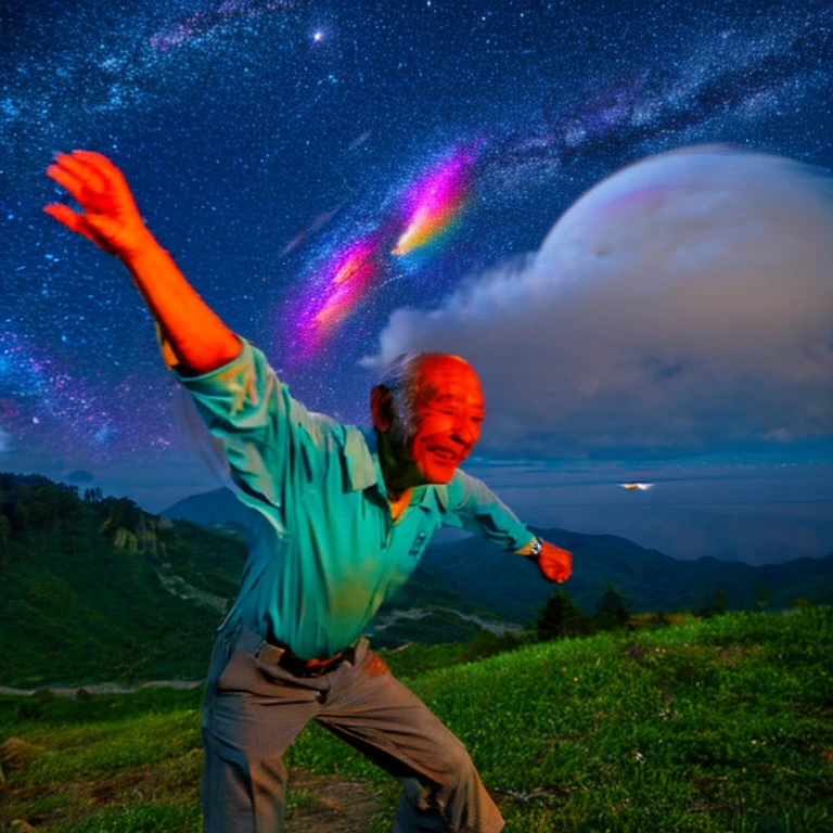 Rainbow butterfly flying in front of the night view, Very detailed, 4k realistic,galaxy cluster,star cluster, Beautiful night view from the mountaintop,old man flying in the air,Turn around with a big smile,An old man spreading his arms,There are fireflies,