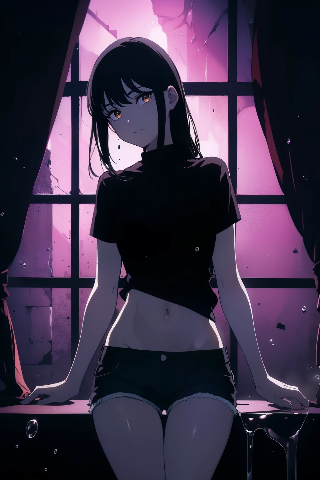 ((((Obra maestra, La mejor calidad, ultrahigh resolution)))), 1girl, happy, ((standing in a club waiting for someone)), (black t-shirt, jean shorts, black hair, long dark black hair), pale skin, ((brown eyes)), (glowing_eyes), (ultra detailed eyes:0.7, beautiful and detailed face, detailed eyes:0.9), ((centered)), ((over joyed expression)), ((wide shot)), facing viewer, (((indoor part, purple and black lights, black dancing silhouettes:0.9, rave:1))), medium breasts, looking at viewer, ((perfect hands)), (((head:1, arms, hips in view, elbows, thighs, in view))), lively eyes, beautiful lighting, outside, outdoors, background, defined subject, 25 years old, (head tilt), (((cool))), ((lively)), (((splash))), ((pose))