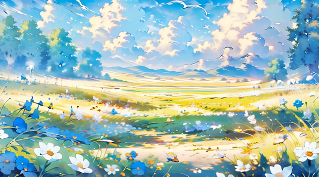 (studio lighting,ultra-detailed),(best quality,4k,8k,highres,masterpiece:1.2),vivid colors,field of flowers,soft tone petals,beautiful landscape,clear blue sky,lush green grass,gentle breeze,blooming flowers,colorful petals,tranquil scene,natural beauty,dreamy atmosphere,serene setting,peaceful ambiance,sunlit field,breathtaking view,nature's masterpiece,scenic beauty,botanical paradise,idyllic countryside,aesthetic charm,timeless elegance,soothing colors,harmonious composition,dynamic contrast,magical realm,romantic allure,divine beauty,ethereal quality,heavenly scene,serenity and tranquility,invigorating beauty,endless expanse,awe-inspiring sight,mesmerizing display of colors,exquisite details,meticulous craftsmanship