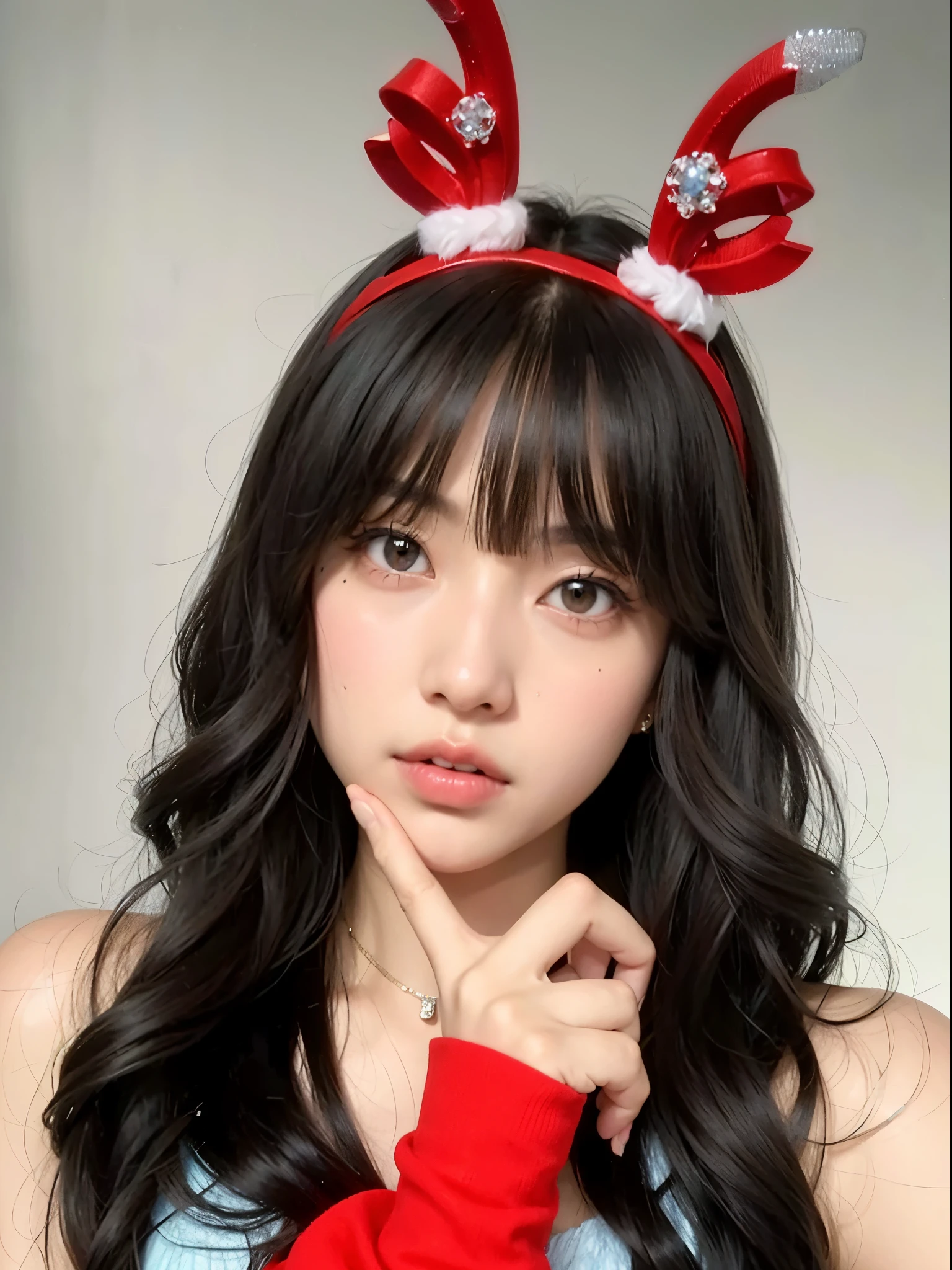 un primer plano de una mujer que llevaba una diadema de reno roja y blanca, ulzzang, Sakimichan, Sakimi Chan, Cinta roja para el cabello, Tohsaka also., Ruan lindo vtuber, Foto de perfil, she has black hair con flequillo, headshot Foto de perfil, Lalisa Manobal, por Kanbun Master, con flequillo, con flequillo completo