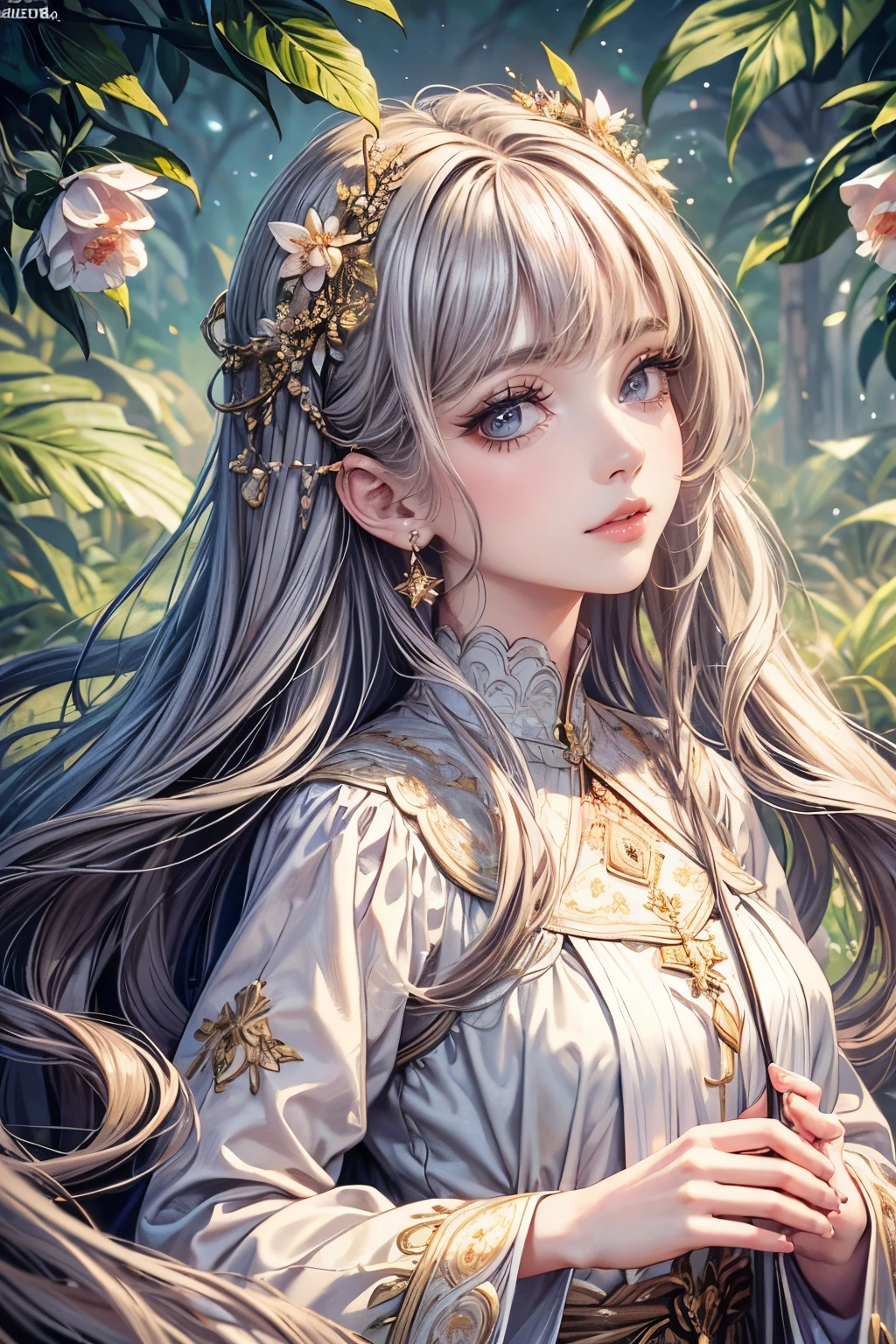 (best quality,8K,CG),detailed upper body,solitary girl,floral forest background,complex facial features,elegant long curly hair,almond-shaped big eyes,detailed eye makeup,long eyelashes,twinkling stars,exquisite lip details,soft and harmonious style.