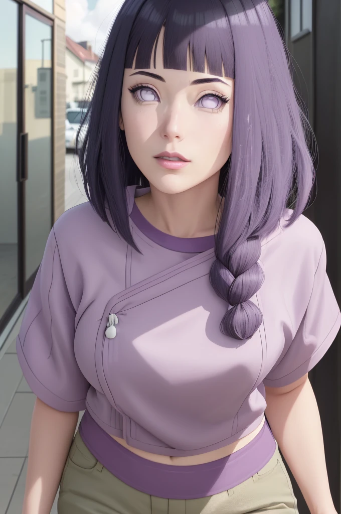 master part, absurdos, Hinata\(Boruto\), 1girl, sozinho,Mature female, Capuz roxo,mangas em camadas, brown pants, ao ar livre, Cloudy sky, perfect composition, circunstanciado lips, peito grande, beautiful face, body propotion, corar, (pink lips), cabelos pretos curtos, lilac eyes, olhar suave, super realistic, circunstanciado, Photo Session, rosto e corpo realistas, Realistic hair, olhos realistas, nariz realista, realistic lips, brown pants, anime, andando sob as petalas de flores, lilac sneakers