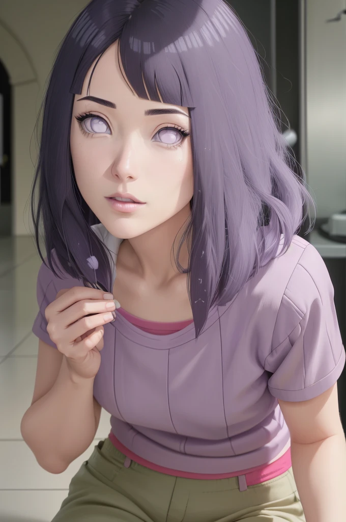 kyoka jiro, One Girl, alone, chest, blush, short hair, bangs, Simple Background, shirt, White Background, Mouth closed, Purple eyes, clavicle, Lower Body,Purple Hair, Short sleeve, blunt bangs, avert your eyes, t-shirt, pink shirt, Long earlobes、、Blowjob