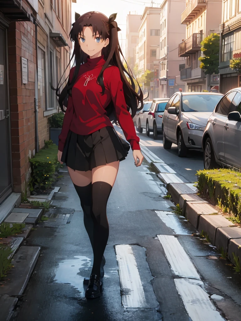 of the highest quality, (masutepiece: 1.2), High Definition, In the street, street scene, Night, Rin Tohsaka, 1girl in, Solo, Standing, From Side, Look at her, Smiling, Long hair, two side up, Brown hair, Blue eyes, Hair Ribbon, Red Turtleneck, Long sleeves, Pleated skirt, Black skirt, (knee high:1.5)