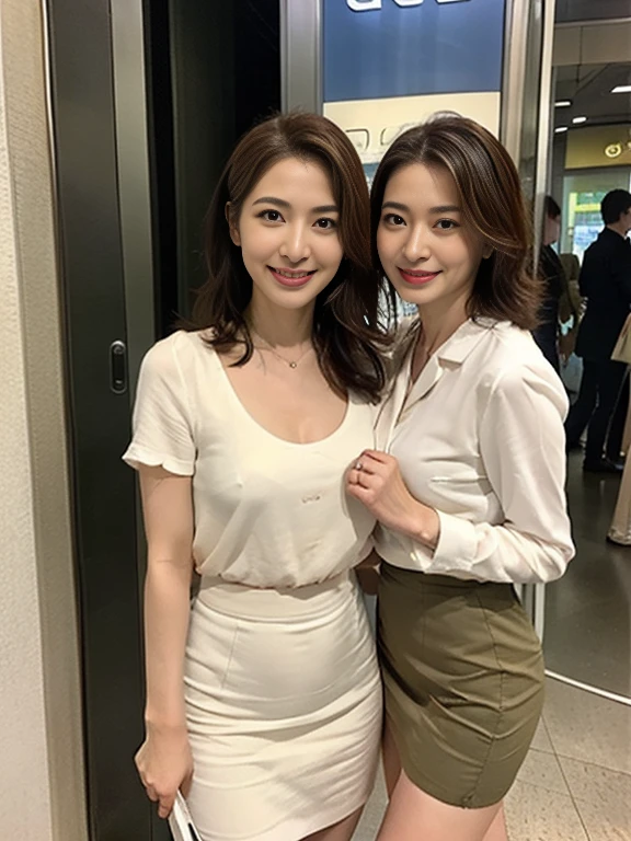 ((中景 the scene is、two-thirds of the body stands))top-quality、tmasterpiece、超A high resolution、(Photorealsitic:1.4)、A Japanese Lady、48-year-old woman，ssmile，Wavy brunette hair、Silk、Long flared skirt（Colossal tits：1.4）、standing on your feet：1.2，Lively streets，Get wet，Slightly Chubby Body：1.2，Straight Body，slightly chubby face：1.2，Wrinkles at the corners of the eyes，Wrinkles at the corners of the mouth，perfect bodies，