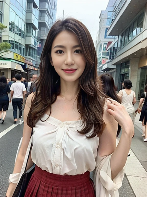 ((中景 the scene is、two-thirds of the body stands))top-quality、tmasterpiece、超A high resolution、(Photorealsitic:1.4)、A Japanese Lady、48-year-old woman，ssmile，Wavy brunette hair、Silk、Long flared skirt（Colossal tits：1.4）、standing on your feet：1.2，Lively streets，Get wet，Slightly Chubby Body：1.2，Straight Body，slightly chubby face：1.2，Wrinkles at the corners of the eyes，Wrinkles at the corners of the mouth，perfect bodies，