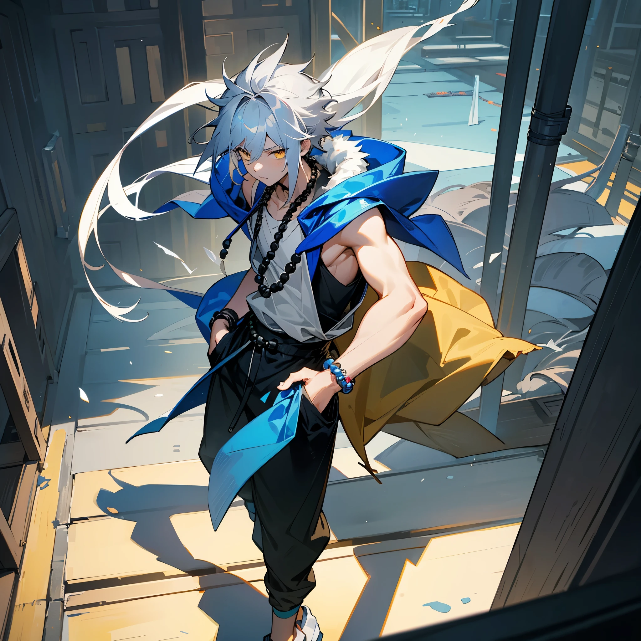 1male, , messy long pale grey hair with blue highlights, finely detailed yellow eyes, walking down alley, loose sleeveless jacket with oversized fur hood, loose black t shirt, loose jogging pants, bandages wrapped around arms, best light and shadows, posing with hands in pockets, night village, flowers, lanterns, prayer beads, prayer beads bracelet
