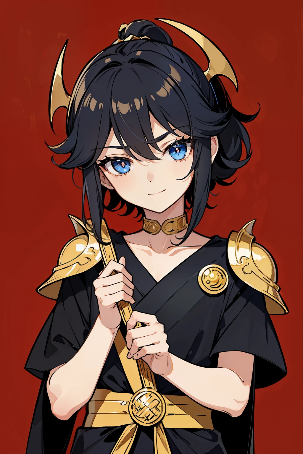(high-quality, breathtaking),(expressive eyes, perfect face) portrait, 1girl, girl, solo, young ???, child, black hair, blue coloured eyes, stylised hair, gentle smile, short length hair, low ponytail tied with ribbon, loose hair, side bangs, curley hair, really spiky hair, spiked up hair, looking at viewer, portrait, ancient greek clothes, black long sleeved tunic gold trim around collar edges and down middle, greek, red and gold sash, simple background, slightly narrow eyes, baby face, small body, happy expression, clothes similar to Hypnos Saint Seiya, clothes similar to Alone Saint Seiya