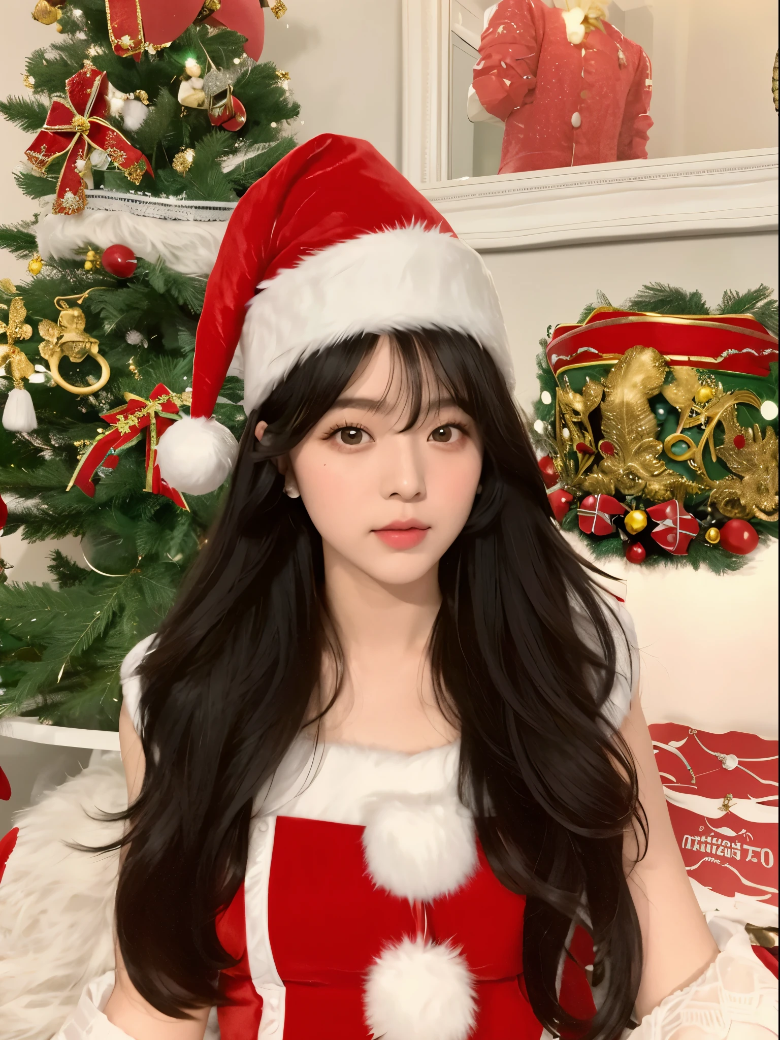 un primer plano de una mujer vestida con un traje de santa claus, ulzzang, Usando sombrero de Santa Claus, Usando un sombrero de Santa Claus, Sakimichan, Peinado blanco de corte hime, Tohsaka also.,  Elf girl, pale snow white skin, Wan adorable cara coreana, Sakimi Chan, Cabello largo con flequillo completo, dilraba dilmurat, Chica joven y linda