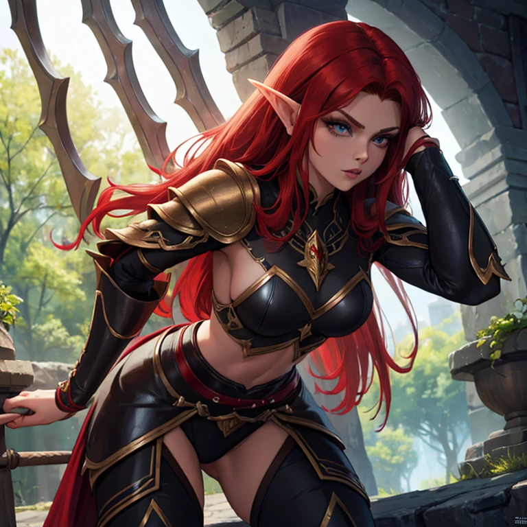 (best quality,highres),red long hair,female elf,black leather armor,elven features,pointed ears,graceful posture,natural lighting,vivid colors,sharp focus,beautifully detailed eyes and lips,dark background,realistic,bokeh,powerful and confident stance.