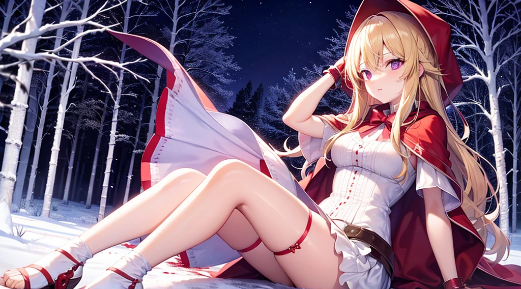 Blonde Red riding hood, Birch Forest, white crystal trees, glowing, violet sky, night winter, blood stains