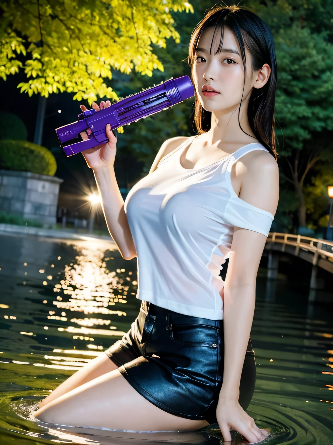 8K image quality, masutepiece, A black-haired Japanese woman with a slight purple reflection、A model poses with a water gun in a park at night (Big breasts: 1.3), See-through white t-shirt, Shorts, flipflops, (One shoulder) ), Long straight hair, Bangs, Realistic skin texture, Natural Skin, holding a water gun in one hand, soaking wet, surrealism, Ray tracing, Cinematic lighting, Sony FE GM, Backlight, masutepiece