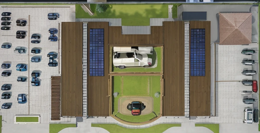 wooden roof, with cars on the side, blue rectangles for solar panels, surrounded with grass and tress, with shadows,