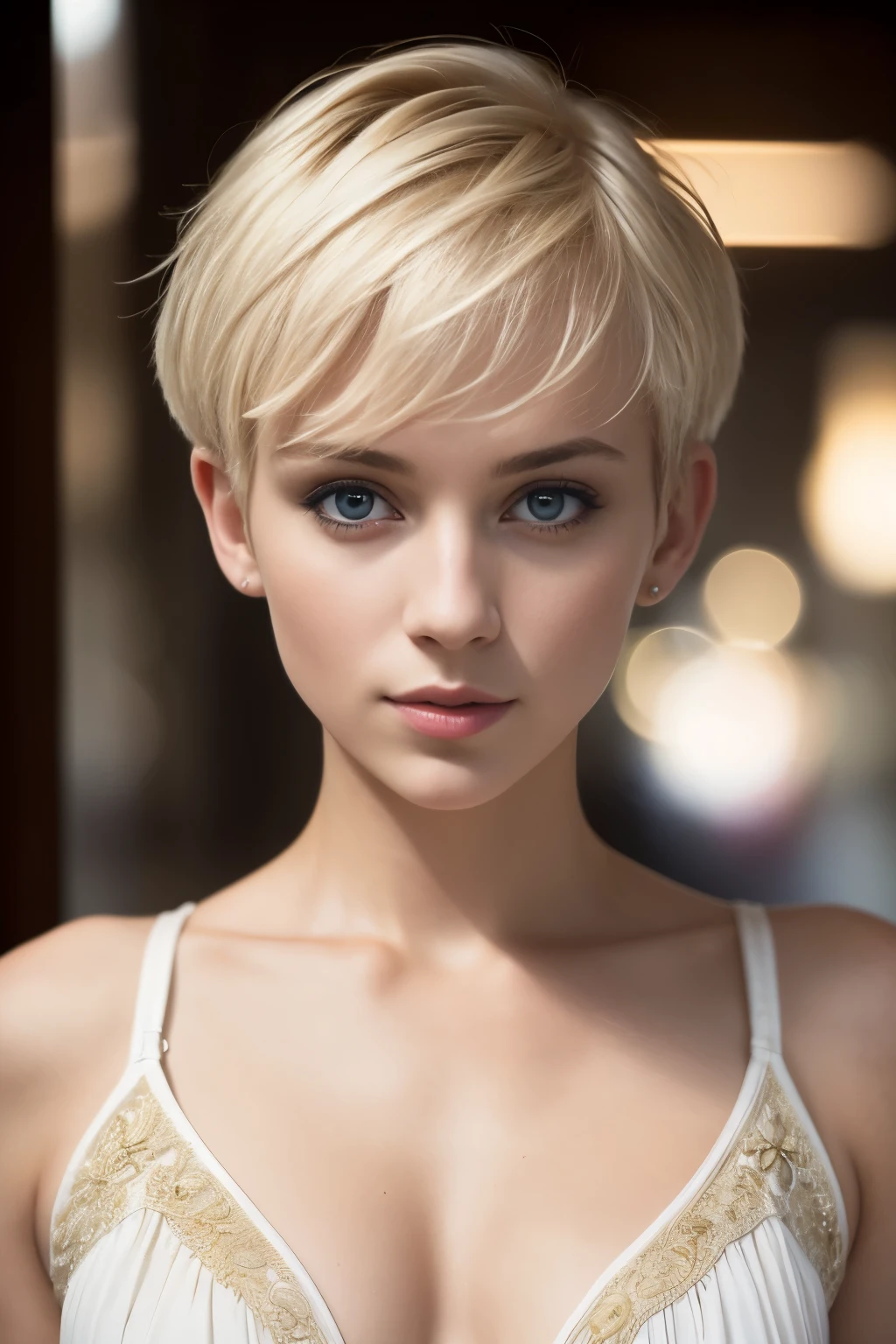 photo of a 25 years old european girl, RAW, beautiful woman, (pixie cut blonde hair), ((portrait)), ((detailed face:1.2)), ((detailed facial features)), (finely detailed skin), pale skin, athletic body, tavern, with open mouth, squinted eyes, open shirt, miniskirt, , (cold colors), damp, moist, reflections, (masterpiece) (perfect proportion)(realistic photo)(best quality) (detailed) photographed on a Canon EOS R5, 50mm lens, F/2.8, HDR, (8k) (wallpaper) (cinematic lighting) (dramatic lighting) (sharp focus) (intricate) fashion, from above