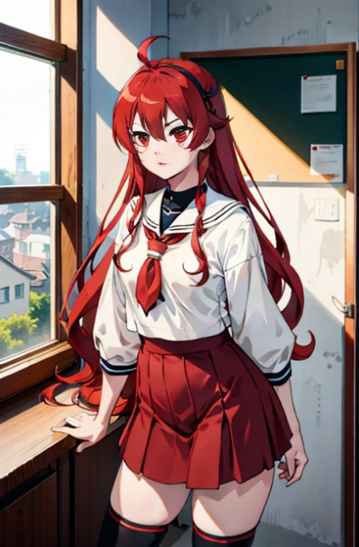 full bodyesbian, 1girl in, eris grayrat, Red hair, Red Eyes, Ahoge, shairband,  (masutepiece:1.2), hight resolution, Best Quality, 8K, Very Very Clear,a sailor suit，pleatedskirt，White tights，lowfers，‎Classroom