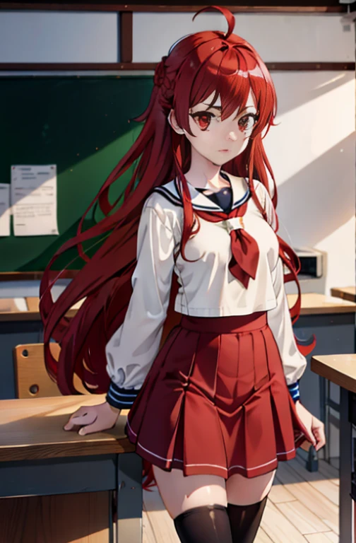 full bodyesbian, 1girl in, eris grayrat, Red hair, Red Eyes, Ahoge, shairband,  (masutepiece:1.2), hight resolution, Best Quality, 8K, Very Very Clear,a sailor suit，pleatedskirt，White tights，lowfers，‎Classroom