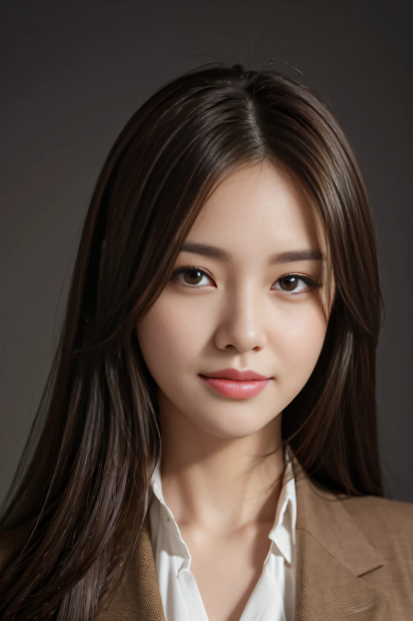 Very happy cute girl, Dark brown hair, There is a small mole under the right lip.,Facing downwards to the right、A little smile、Big Breasts、Wearing a suit
