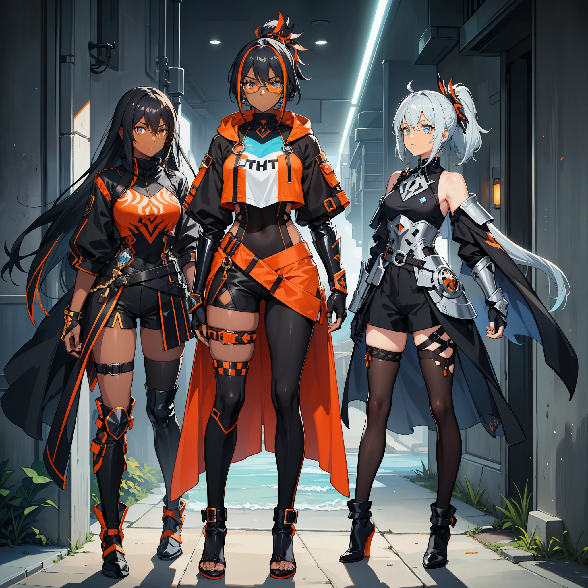 (((One character))), Female, (((Dark Skin)))), Black Hair with Ponytail, Light Blue Eyes, Round Glasses with a Little Dark Lens with this Lens being Orange, and the Light Blue Color frame, (((Black Metallic Gauntlets and Greaves with Orange and Silver Highlights)), (((The Clothes Have a Mix of Modern and Tribal)))), Having Mostly Black Color, but having Orange Parts, Shoulders on Display, On the Hip a Shorts extending to Half of the Thigh of black color.