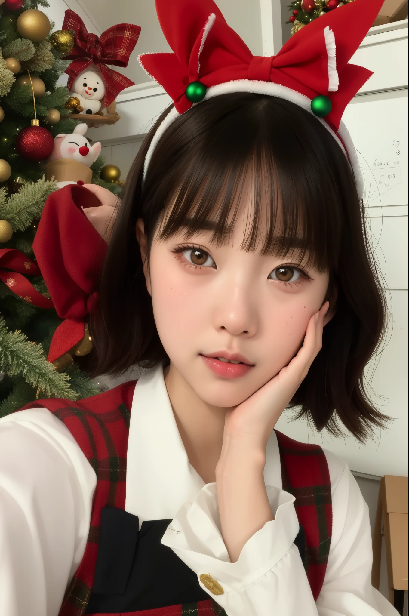 Arafed woman with a red bow and a Christmas hat., Ruan lindo vtuber, Wan adorable cara coreana, ulzzang, young cute wan asian face, Lalisa Manobal, Retrato realista kawaii, chica linda-fina-cara, y 2 k cutecore clowncore, con cara linda - fina -, Sakimichan