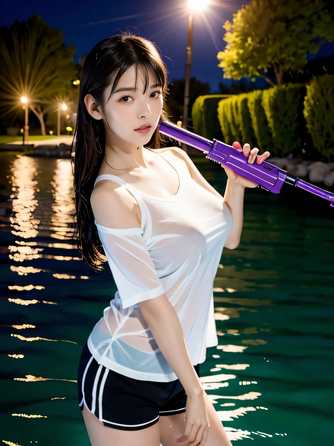 8K image quality, masutepiece, A black-haired Japanese woman with a slight purple reflection、A model poses with a water gun in a park at night (Big breasts: 1.3), See-through white t-shirt, Shorts, flipflops, (One shoulder) ), Long straight hair, Bangs, Realistic skin texture, Natural Skin, holding a water gun in one hand, soaking wet, surrealism, Ray tracing, Cinematic lighting, Sony FE GM, Backlight, masutepiece