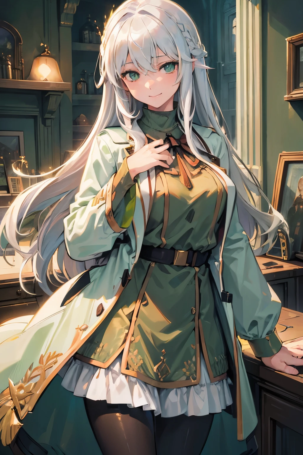 (best quality:1.3), (masterpiece:1.3), (illustration:1.3), (ultra-detailed:1.3), (imid shot:0.9), 1girl, ((white hair)), medium breasts, ((green eyes)), light smile, coat, tall, mature, long hair, hair ornaments, indoors, pantyhose, green sweater, open white coat, open clothes, long sleeves, indoors, lab,