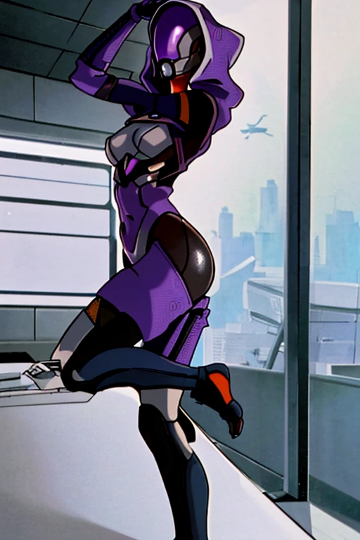 masterpiece, best quality, 1990s \(style\), 1girl, solo, tali'zorah, tali'zorah from mass effect, hood, purple bodysuit, mask, (helmet, faceless), hood up, alien, inside,, facing viewer, wide hips, evangelion anime style, anime screencap, full body portrait