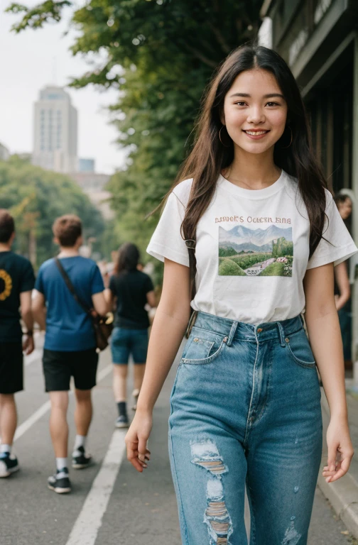 A vibrant girl，Wearing ripped jeans and a T-shirt with the school logo on it，Walking on the street in the sunshine。The streets are full of people，dense with greenery，Presenting a landscape of youthful vitality。Using sketching and hand-drawing techniquelack and white tones predominant，Highlight the power of lines。hight contrast, 50 millimeters, Using Kodachrome 400 film to capture the excitement of life