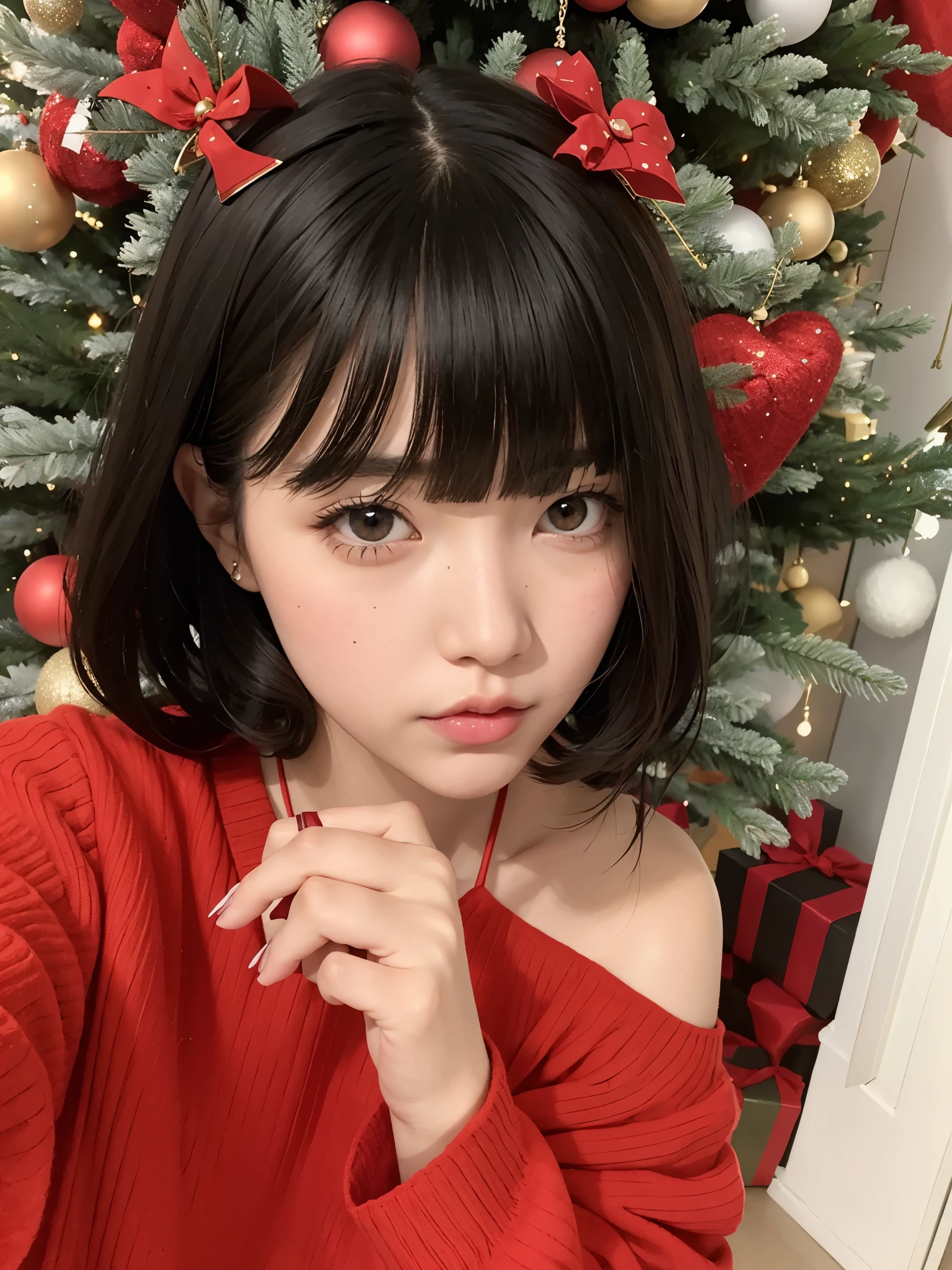 A closeup of a person wearing a red sweater near a Christmas tree, ulzzang, Cabello negro Hime cortado, neat hair con flequillo, con el pelo corto, con el pelo corto con flequillo, Sakimi Chan, Sakimichan, Chica de anime en la vida real, El Corte Hime, Peinado blanco de corte hime, Chica coreana, con flequillo, Shikamimi
