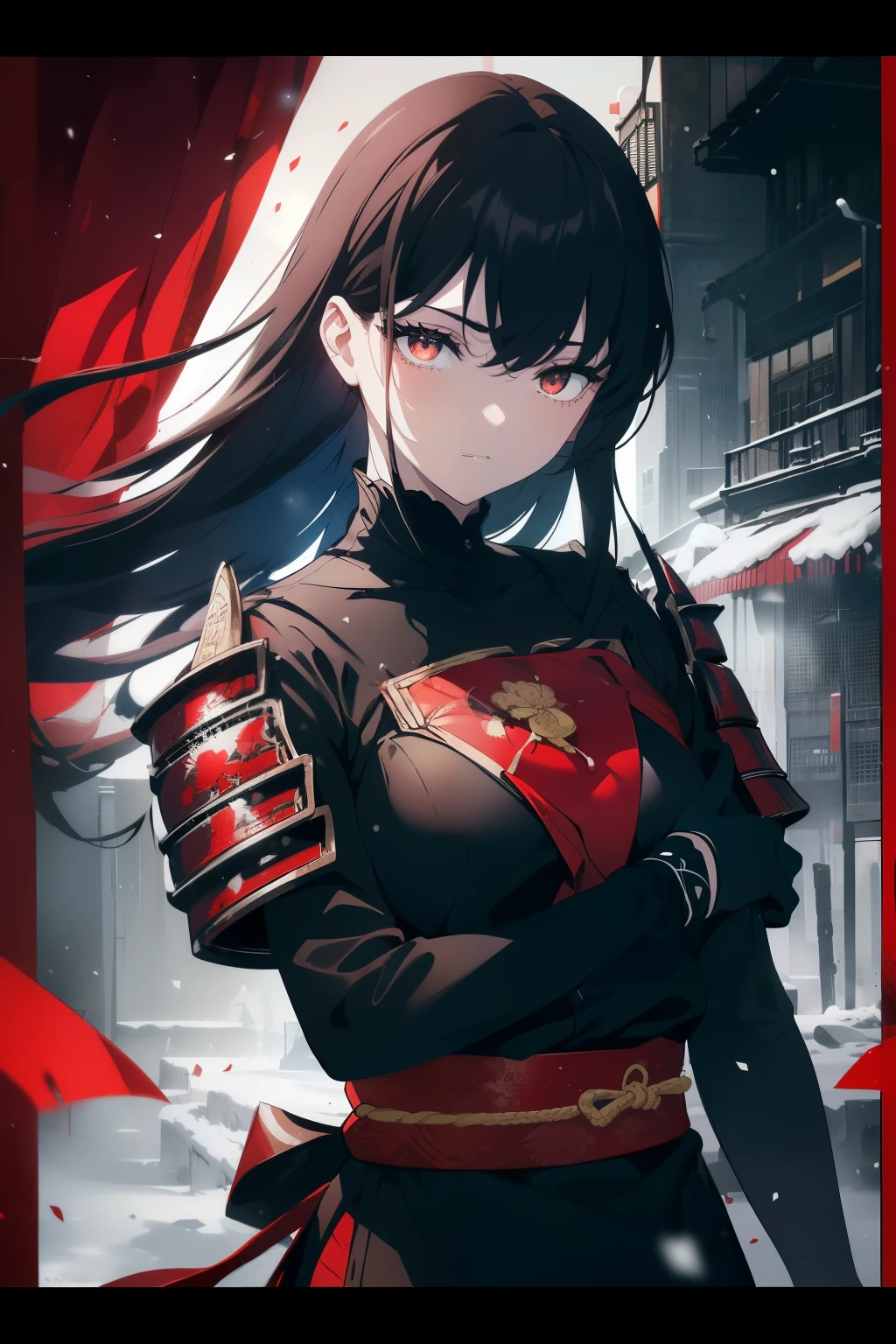 ((Obra maestra, La mejor calidad, ultrahigh resolution)), (((head:1, arms, hips, elbows, in view))), ((perfect hands)), ((half closed eyes)), flat chested, looking at viewer, (head tilt), defined subject, long hair cut, pale skin, ((brown eyes)), ((glowing_eyes)), neon eyes, (ultra detailed eyes:0.7, beautiful and detailed face, detailed eyes:0.9), facing viewer, eye level, ((black hair, dark black hair)), ((a girl in a suit of red samurai armor, standing confidently, ready to fight)), ((katanas on back, hand held katana, attacking viewer with katana)), (wind in hair), ((samurai, clad in red steel armor, red plate armor)), ((vibrant background, snowy landscape, cityscape, snowing, snow)), hands behind back, ((fiery eyes, beautiful lighting, outside, outdoors, background, defined subject, 25 years old, (((a very beautiful, cool and lively image)))