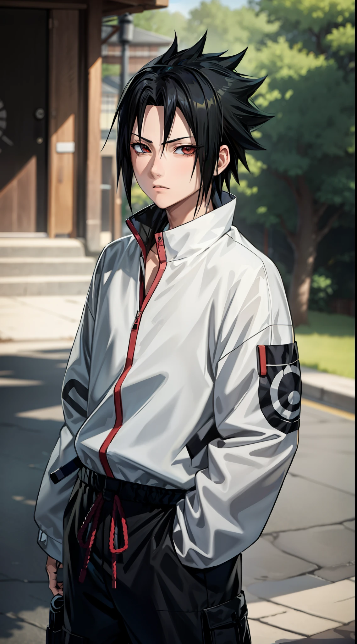 Masterpiece, 1boy, Superb Style, Urban Streetwear chothes, Outdoor, Upper Body, Uchiha Sasuke, bright eyes, black hair, cool boy