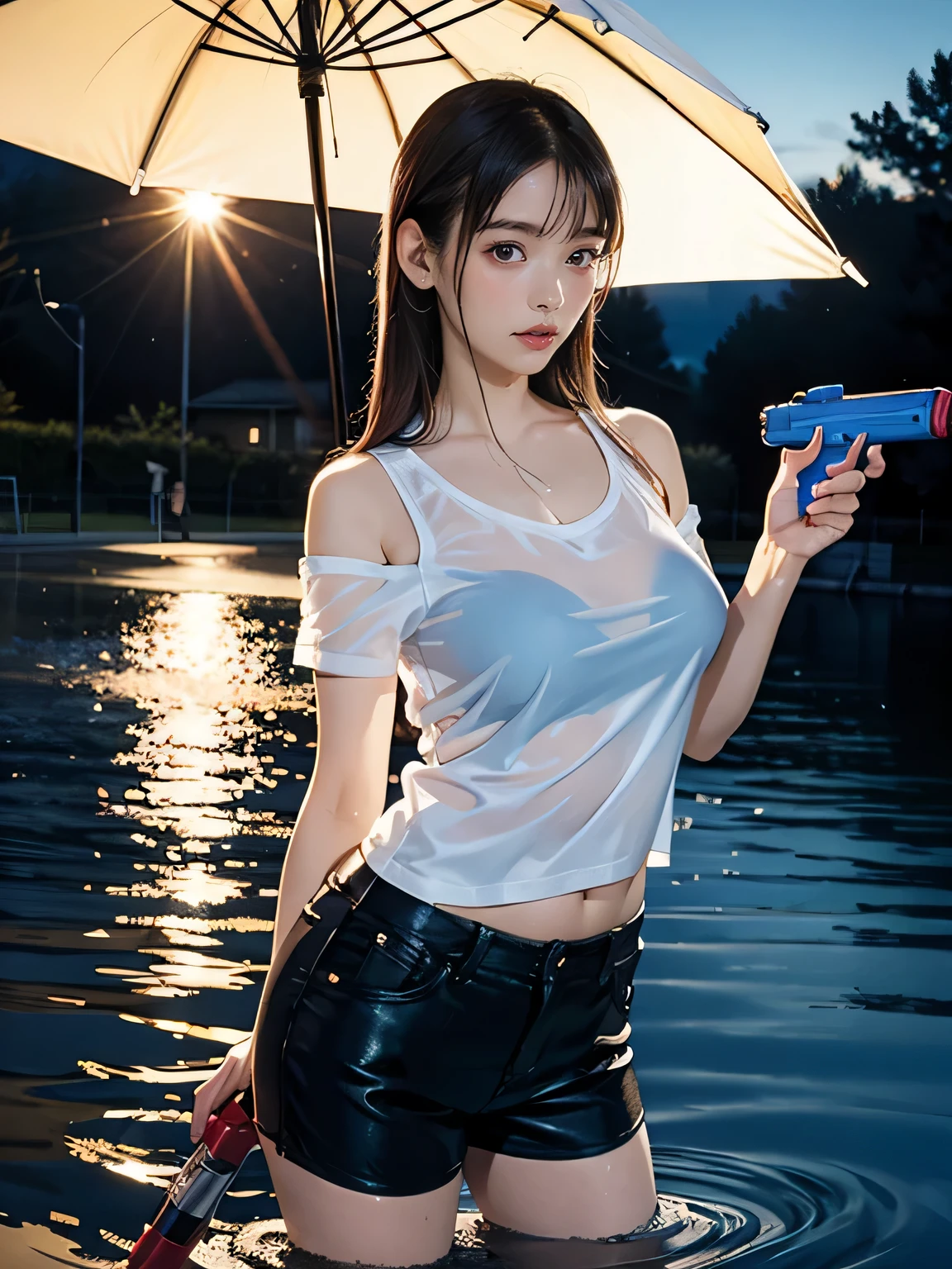 8K image quality, masutepiece, A black-haired Japanese woman with a slight purple reflection、A model poses with a water gun in a park at night (: 1.3), See-through white t-shirt, Shorts, flipflops, (One shoulder) ), Long straight hair, Bangs, Realistic skin texture, Natural Skin, holding a water gun in one hand, soaking wet, surrealism, Ray tracing, Cinematic lighting, Sony FE GM, Backlight, masutepiece