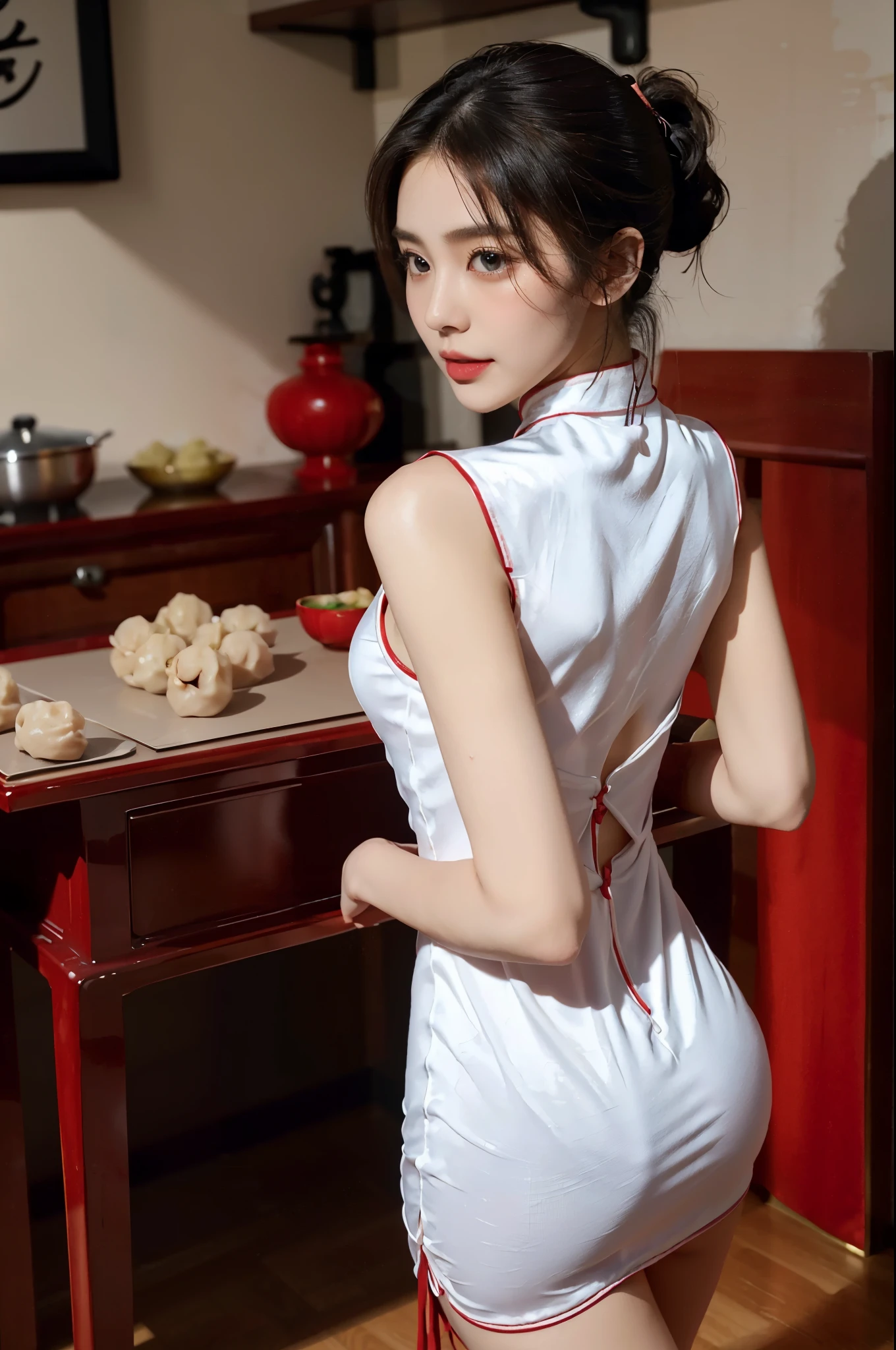 (perfect bodies: 1.1), (very short ponytail:1.1),(Extremely meticulous CG),((8k)),(wallpaper),(Extremely refined and beautiful),(masterpiece),(best qualtiy：1.0),(Ultra High Resolution:1.0),[A high resolution],a beautiful girl,solo,small head,small face,Exquisite makeup,(pale skin:1.2),(female orgasmic:1.3),(blush:1.3),red lips,happy,Smile,(Smooth and flawless fair skin:1.5),ultra - detailed,slender legs,(Small breasts:1.1),Flat chest,Slim,thin,(maxi red cheongsam:1.3),stockings,(high heels:1.1),(in a A spacious Chinese-kitchen:1.2),detailed background,standing,(from back:1.2),(upper body:1.2),nightfall,bright light,(many dumplings on table:1.2)