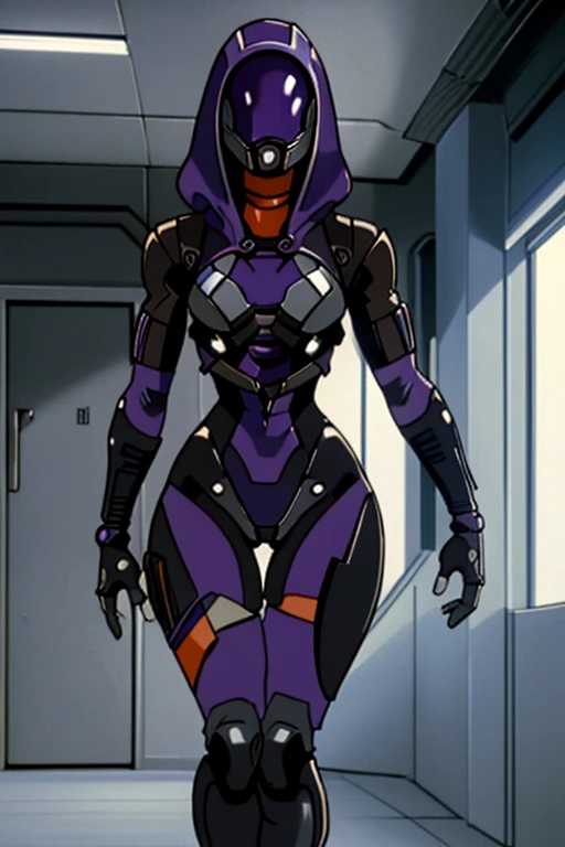 masterpiece, best quality, 1990s \(style\), 1girl, solo, tali'zorah, tali'zorah from mass effect, hood, purple bodysuit, mask, (helmet, faceless), hood up, alien, inside,, facing viewer, wide hips, evangelion anime style, anime screencap, full body portrait