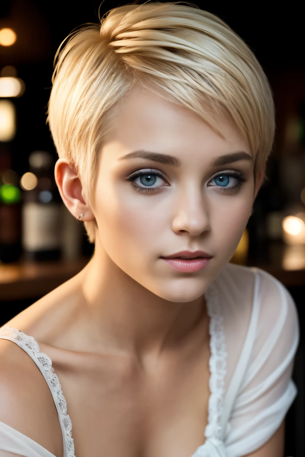 photo of a 25 years old european girl, RAW, beautiful woman, (blonde hair with pixie cut), ((portrait)), ((detailed face:1.2)), ((detailed facial features)), (finely detailed skin), pale skin, athletic body, (tavern:1.5), dimples, bob cut, looking at viewer, with open mouth, squinted eyes, , miniskirt, with , (cold colors), damp, moist, reflections, (masterpiece) (perfect proportion)(realistic photo)(best quality) (detailed) photographed on a Canon EOS R5, 50mm lens, F/2.8, HDR, (8k) (wallpaper) (full shot) (cinematic lighting) (dramatic lighting) (sharp focus) (intricate) fashion, from above