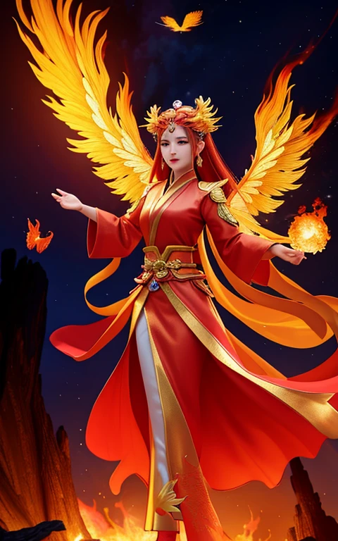 There was a woman flying in the sky with a firebird, fiery giantess, flying scarlet phoenix, Sorceress casts fireball, With wings of blazing golden flames, she has fire powers, appears as the fire goddess, sha xi, Max 3D, the butterfly goddess of fire, Wang Chen, CG special effects