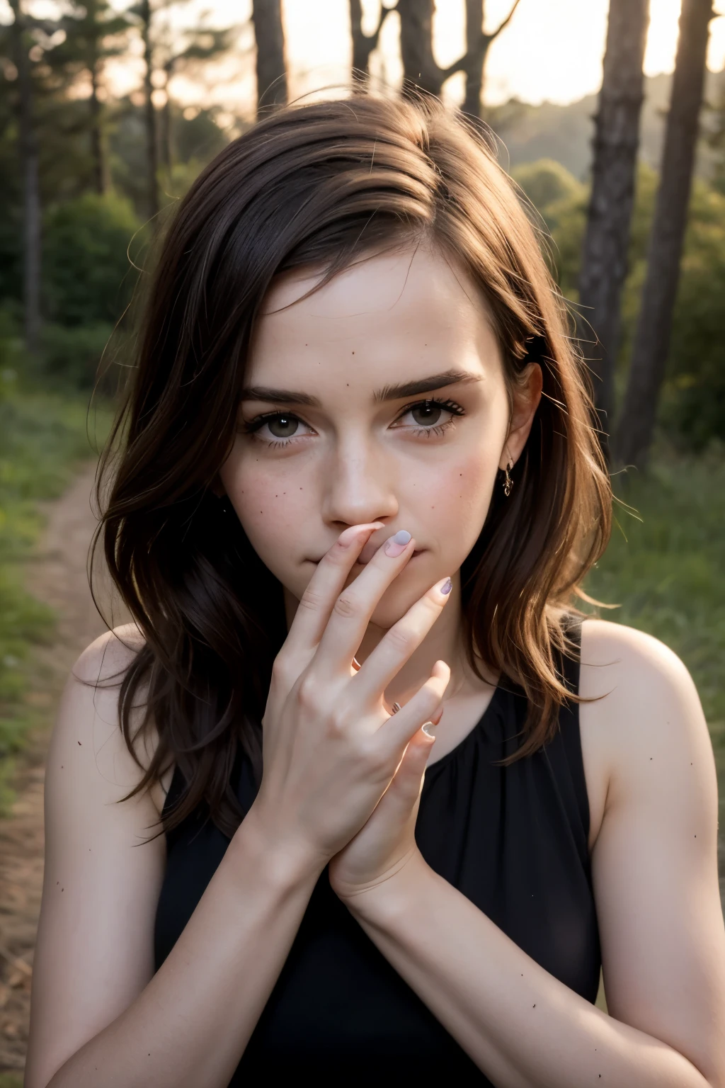 Emma Watson, in a forest, in the background with a sunset, facing the camera, covering her mouth, looking at an engagement ring.