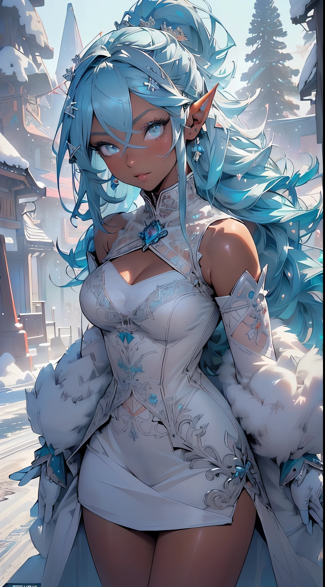 cute loli elf,(((little loli,tiny little body,little))),(((6 years old))),((anime elf loli with extremely cute and beautiful aqua hair)), (((elf,elf ears))),

((lesbian,yuri)),(((flat chest))),((((aqua hair:1.35,undercut aqua hair,colored inner hair,ear breathing)))),(((aqua_eyes:1.3))),intricate eyes,beautiful detailed eyes,symmetrical eyes,big eyes:1.5,(((dark skin,dark_skin,lustrous skin:1.5,bright skin: 1.5,skin tanned,shiny skin,very shiny skin,shiny body,plastic glitter skin,exaggerated shiny skin,illuminated skin))),(,detailed body,(detailed face)),

cute,slutty,erotic,daring,(((nsfw))),

zettai ryouiki,revealing clothing,show skin,(((Sexy aqua fur coat, aqua fur coat outfit, wearing a ice dress:1.3,aqua winter coat))), ((ice dress,elegant ice dress)),(white gloves,white clothes,(((intricate outfit,intricate clothes,embroidered outfit,ornate outfit,embroidered clothes,ornate clothes))),

(dynamic pose:1.0),embarrassed,(centered,scale to fit dimensions,Rule of thirds),

((snowy pine forest)),winter,scenery:1.25,((intricate scenery)),((snow forest background)),Christmas tree,

(Glossy winter ornaments),highres,sharp focus,(ultra detailed,extremely detailed),(photorealistic artwork:1.37),(extremely detailed CG unity 8k wallpaper),(((vibrant colors,vibrant theme))),(intricate),(masterpiece),(best quality),