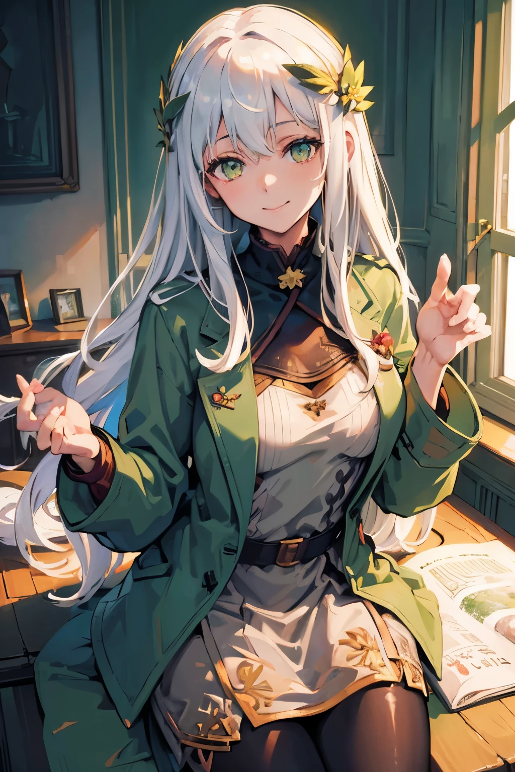 (best quality:1.3), (masterpiece:1.3), (illustration:1.3), (ultra-detailed:1.3), (imid shot:0.9), 1girl, ((white hair)), medium breasts, ((green eyes)), light smile, coat, tall, mature, long hair, hair ornaments, indoors, pantyhose, green sweater, open white coat, open clothes, long sleeves, indoors, lab,